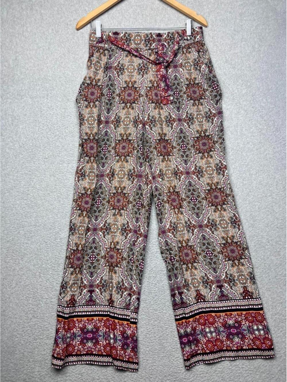Solitaire Wide Leg Pants L Medallion Paisley Patchwork Rayon Tie Belt Boho Vaca